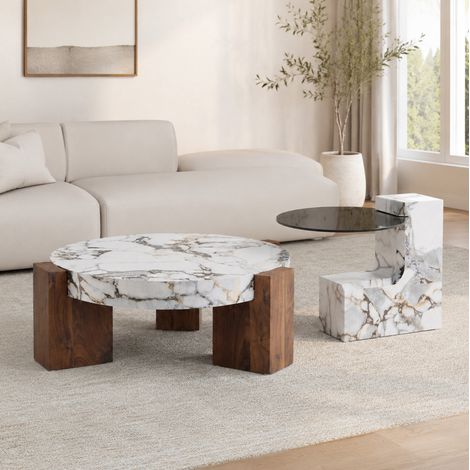 Tavolino da salotto a incastro Ø 61 cm in MDF e vetro temperato bianco effetto marmo - CHICFURN (1/5)