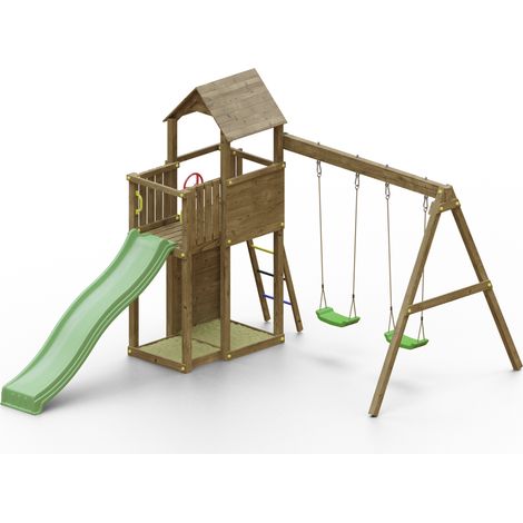 Funni Aire de Jeux Enfant Extérieure – Bois Traité – Toboggan 2,2 m – Balançoire Double – Jusqu’à 8 Enfants – EN 71 (1/5)