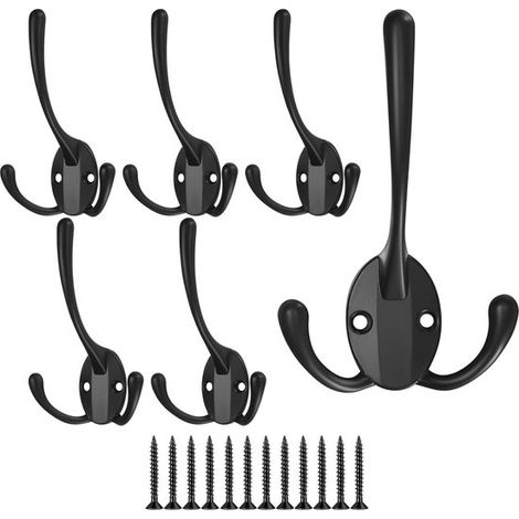 Ganchos de pared negros - Juego de 6 piezas con 3 ganchos - Incluye tornillos de acero (1/5)