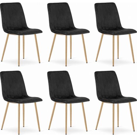 Chaise ORSARA en velours noir, pieds en métal couleur bois, dimensions 43x90x51 cm, pour salon, bureau, set de 6 pièces, capacité de charge 110 kg (1/5)