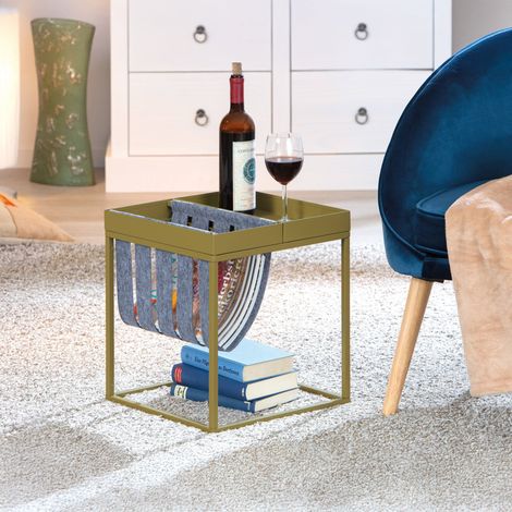 Dmora Table basse en métal peint vert olive, avec porte-revues en laine bouillie, 35x35x40 cm (1/5)
