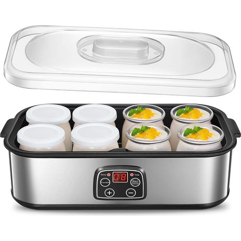 Joghurtbereiter mit 8 x 180 ml Glasbehältern mit Deckel, Digitalanzeige, einstellbarem Thermostat und Timer, automatischer Abschaltung, ideal für Familien und die Herstellung von hausgemachtem Joghurt (1/5)