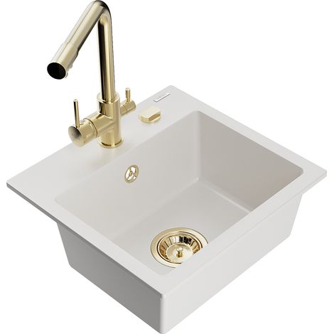 Mexen Milo lavello in granito a 1 vasca con rubinetto da cucina Duero, bianco - 6505-20-671600-50 (1/5)