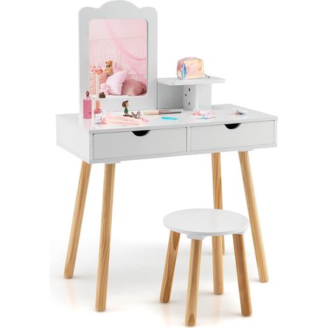 COSTWAY Juego de Tocador Infantil Niña, 2 en 1 Mesa de Tocador y Taburete de Madera para Niños con 1 Espejo Rectangular y 2 Cajones Grandes, Tocador de Maquillaje para Niña de 3 a 7 Años (1/5)