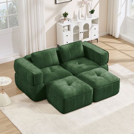 Canapé d'angle modulable 2 places + 2 poufs, sans renforts, mousse dense 32D, siège spacieux, étoffe moelleuse, parfait pour séjour et studio, couleur verte. (1/5)