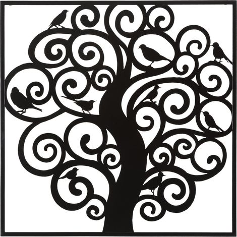 Pannello da parete Three in ferro nero, albero della vita con uccellini
