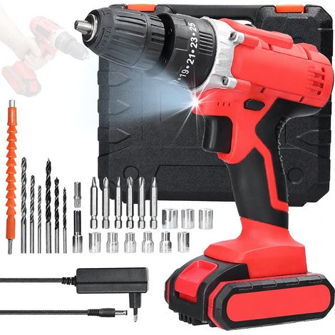 21V 1300mAh Akku-Bohrschrauber mit Schlagfunktion, Lithium-Ionen-Akku, 25+1 Drehmomenteinstellungen, 2 Geschwindigkeiten, LED-Licht, Kompakt (1/5)