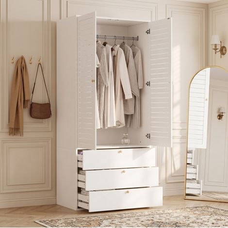 Armario blanco 90 x 50 x 200 cm con puertas de lamas, barra y 3 cajones (1/5)