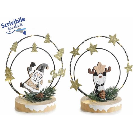Decorazioni in legno con babbo natale e renna con luci led e decori glitterati, set da 2 pezzi, cm 16 x 10 x 17 H