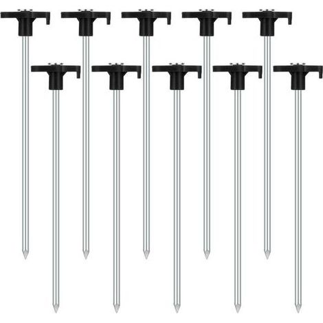 Lot de 10 piquets de tente stables - Piquets de tente résistants aux tempêtes - Piquets de tente en acier - Piquets de tente stables - Pour sols durs - Forêt - Herbe - Sol sable - Noir (1/5)