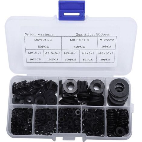 500 Stück schwarze Flachscheiben, Nylon-Dichtungssatz, runde Dichtungsscheiben, Dichtungsring-Sortiment, Gummitüllen-Sortiment (M2, M2,5, M4, M5, M6, M8, M10) für (1/5)