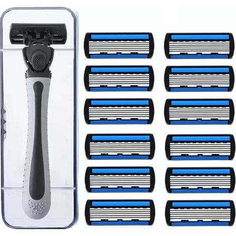 rasoir electriques hommes-Rasoir Manuel 6 Lames – Manche Gris avec Interrupteur + 12 Lames Noires et Bleues 6 Couches + Étui de Rangement, Adapté à Tout Type de Barbe