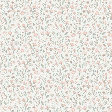 Papier peint floral champêtre rose poudré (1/2)