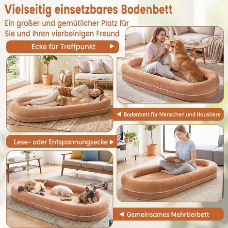 Confort Supérieur Lit Chien Humain Matelas Sol Déhoussable avec Plaid Doux pour Grand Chien et Adulte 185x78cm Marron (1/5)