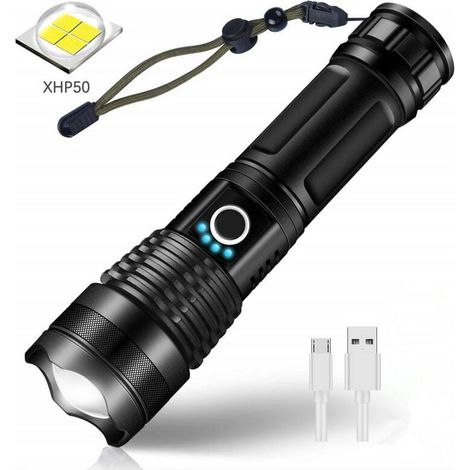 Linterna LED recargable CREE XHP50 ultra potente de 3000 lúmenes, 5 modos, resistente al agua IP65, función de zoom de estándar militar para acampar y hacer senderismo (batería incluida). (1/5)