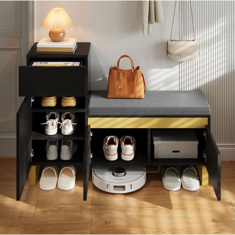 Mobile portascarpe con panca, cassetto e ante, 120 x 35 x 85 cm, nero HAVRYA (1/5)