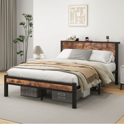 MODFU – Cama de matrimonio 140x200 cm de MDF/metal con cabecero y piecero, 13 lamas de metal y compartimento bajo cama de 27 cm – Marrón antiguo (1/5)