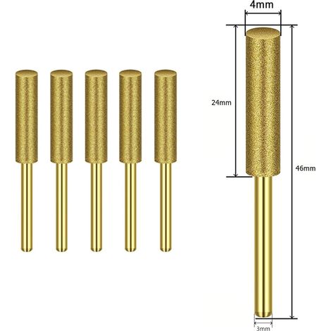 Têtes de meulage , 6 pcs Or Diamant Enduit Cylindrique Fraise Tronçonneuse Aiguiseur Pierre Lime À Chaîne Scie Outil De Meulage(4mm) (1/5)