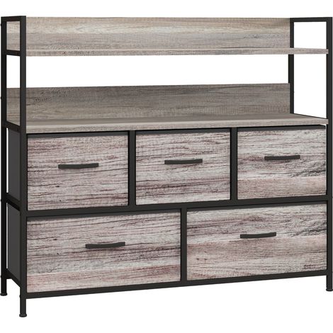 Commode 5 tiroirs 2 étagères MADJIK gris effet bois (1/5)