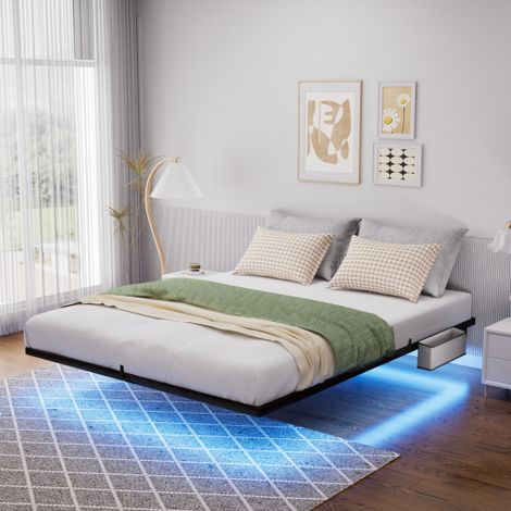 Cama adulto de 140x200 cm con iluminación LED, base de láminas metálicas, de metal, sin colchón, negro (1/5)