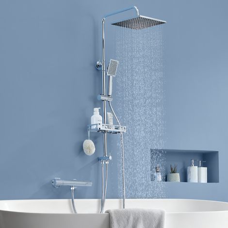 AURALUM MAX Edelstahl Chrom Duschsystem 2-Funktionen Duschsäulen ohne Armaturen mit Handbrause, quadratischer Kopfbrause, Regal und Höhenverstellbar Duschstange