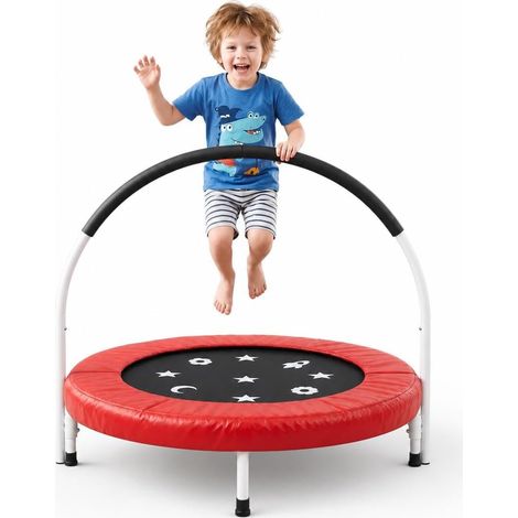 BALOVEBY Trampoline Enfant 91cm, Mini Trampoline Pliable avec Poignée Réglable et Coussin de Sécurité, 3 à 6 Ans, Charge Max 45 kg, Rouge (1/5)