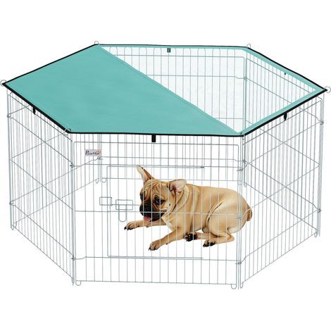 Dog playpen. 6-panel dog enclosure with roof. Modular and foldable. Portable enclosure 60 cm high with door. Cat fence. Small dogs. Indoor and outdoor. Silver. Green. (1/5)