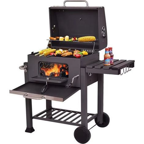 Barbecue à charbon sur chariot mobile – 2 grilles de cuisson, étagères porte-crochets, hauteur réglable pour le charbon – Grill extérieur (1/5)