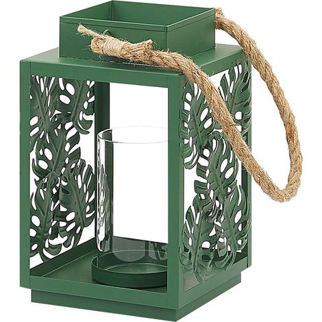 Linterna verde de altura 25 cm con portavelas de cristal y motivos en forma de hoja Unimak