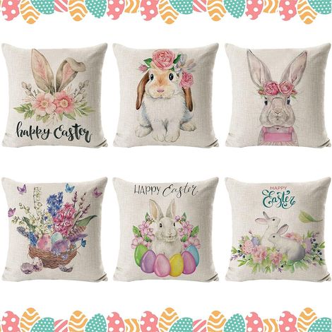 Lot de 6 Housses de Coussin de Pâques 45 x 45 cm - Décoration en Lin - Motif Lapin et Œufs - Pour Canapé, Lit, Intérieur (1/5)
