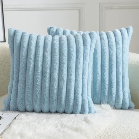 Lot de 2 Housse de coussin,Fausse fourrure,Rayures,45x45 cm,Bleu clair,Salon,Chambre (1/5)