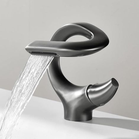 S-shaped waterfall faucet for washbasin – Copper hot/cold water mixer with ceramic valve, water saving, grey (1/4)