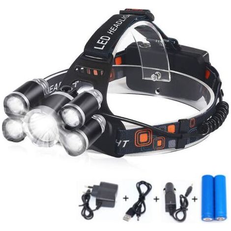 Lampe Frontale Rechargeable - 12000lm Eclairage Puissante Ultra USB Rechargeable 5 LED 4 Modes d’Eclairage IPX4 2 x 18650 pour Camping Chasse Pêche Escalade Randonnée (1/4)
