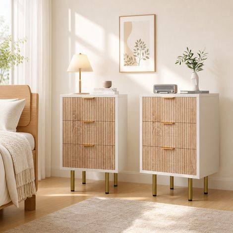 Lot de 2 Tables de Chevet 3 Tiroirs 40x40x65 cm, Meuble de Rangement Design Strié Bois et Blanc, Pieds Métal Doré Style Moderne, Table de Nuit Déco pour Chambre Intérieur Maison