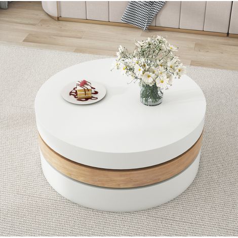 Mesa baja redonda giratoria 60 x 60 x 35,1 cm con almacenamiento, blanco y natural HAVRYA (1/5)