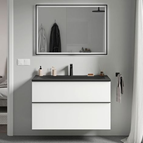 BERNSTEIN - Mueble lavabo suspendido MDF blanco mate, lavabo fundición negro mate + orificio grifería, tirador cromado 100x46x62cm - LAVOA blanco mate, cromo, Negro mate con orificio para grifo.