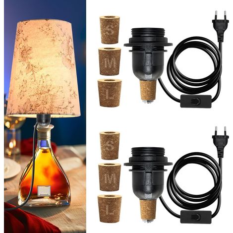 2PCS Kit Lampe Bouteille, 240CM Câble, Noir Douille E27 avec Interrupteur, Adaptateur Bouteille pour Douille de Lampe, 3 Bouchons Souples, Support Lampe Bouteille pour Différent Bouteille (1/5)