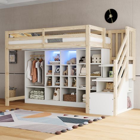 Hochbett  Mit Stauraumschränken Mit Mehreren Fächern und Einem Einfachen Kleiderschrank, Mit LED-Beleuchtung,Bettgestell und Integrierter Seitenleiter Mit Stauraum