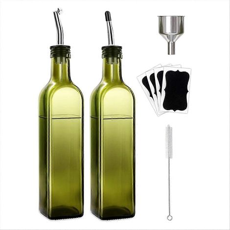 Ensemble de 2 distributeurs d'huile d'olive et de vinaigre en verre vert avec 2 becs verseurs en acier inoxydable et 4 étiquettes (500 ml) (1/5)