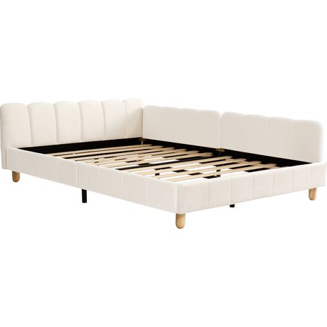 Cama infantil tapizada 140 x 200 cm de terciopelo beige con cabecero acolchado y barrera (1/5)