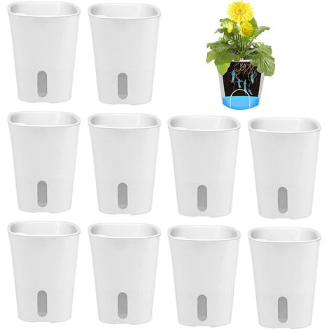 Lot de 10 pots de fleurs en plastique avec système d'irrigation, pots de fleurs auto-arrosage avec trou de drainage et indicateur de niveau d'eau, pour l'intérieur et l'extérieur (1/5)