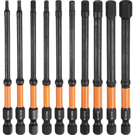 10Pcs H5/64+H3/32+H7/64+H1/8+H9/64+H5/32+H3/16+H7/32+H1/4+H5/16 Embout de Tournevis Hexagonal Kit Point Plat 1/4" Tige Hexagonale 100mm (4") Longueur Magnétique Douille (1/5)
