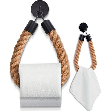 Porte Papier Toilette Mural Adhesif, Support Papier Toilette Mural sans Percage, Porte Rouleau Papier Toilette Industriel Deco Corde, Porte Papier Toilette Noir Derouleur Papier Toilette Murale (1/5)