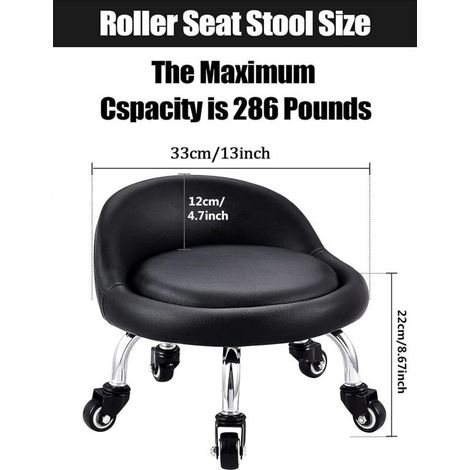 Tabouret Bas avec Roues, Mini Tabouret à roulettes Pied Bas, Dossier Simili Cuir Siège Faible Métal Piétement, 360° Banc Rond en Cuir avec 5 Roues pour Le Bureau à Domicile ou Le Fitness(Noir)