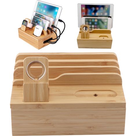 Support de charge et de rangement Bluetooth pour téléphone/montre, fabriqué artisanalement en bambou, support pour iPhone/iPad (1/5)