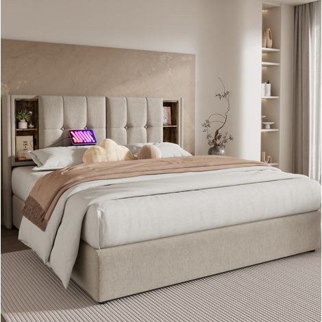 Letto contenitore matrimoniale 140x200 cm, con ricarica wireless, USB e USB-C, con testiera a vani, con materasso (1/5)