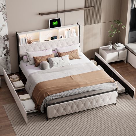 Letto 140x200 con rete a doghe, letto matrimoniale con 4 cassetti, vano contenitore nella testiera, letto per adulti con porta USB e LED, beige, velluto (1/5)