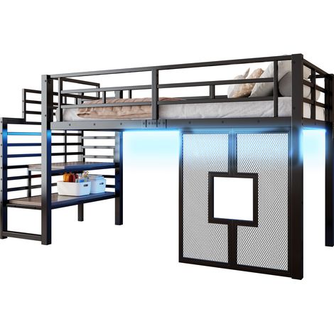 Lit mezzanine mi-hauteur 90x200 cm avec escalier de rangement, led, fenêtres, garde-corps, noir (1/5)