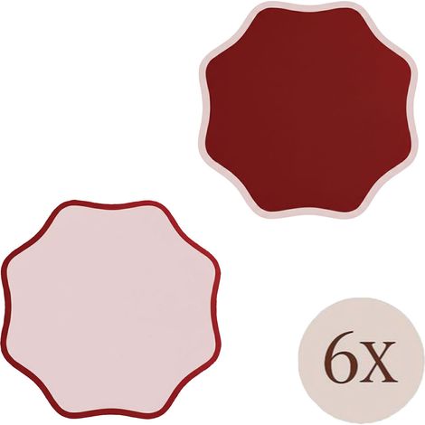 Mantel Individual Hati, set de 6, Borde Ondulado, Pareja Bicolor, Lavable Made in Italy, 40x40 cm Rojo
