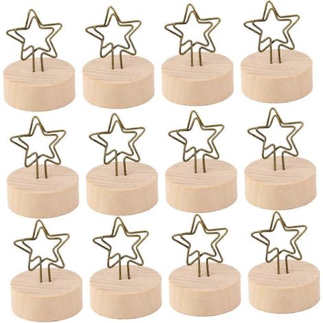 Lot de 12 porte-photos étoilés, socle en bois, pinces à cartes, support fer, porte-numéros table & porte-mémos bureau (1/5)